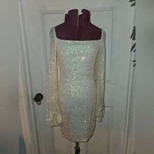 Speechless Small Long Balloon Sleeve Opalescent Sequin Tie Back Mini Dress